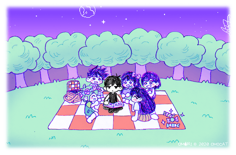 OMORI characters looking at photobook on a picnic blanket in a forest.