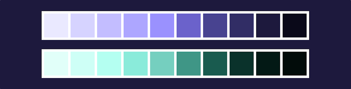 The new purple color palette, now in 10 different shades. There also exists a green palette.