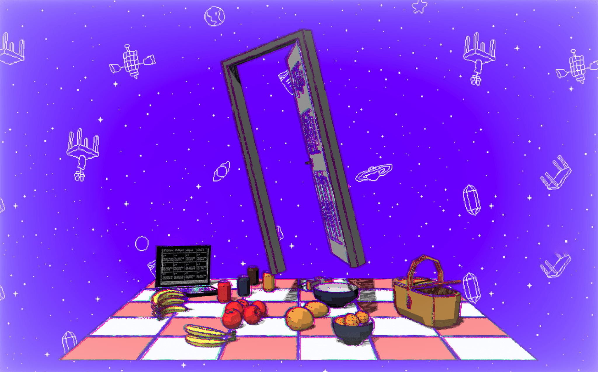 A slightly open white door is floating above a picnic blanket that has food, a laptop, and a basket on it. The background is purple.