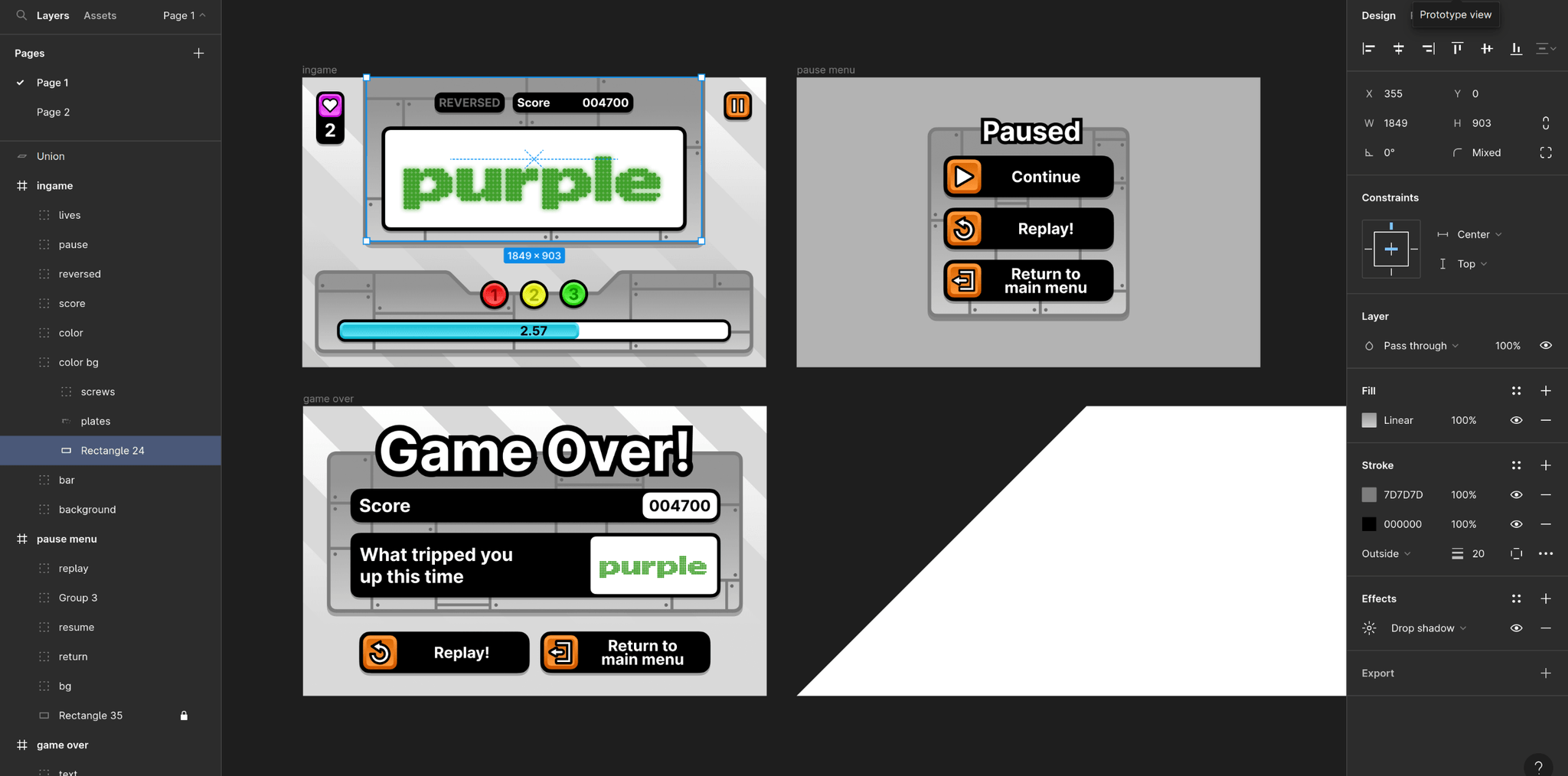 The in-game screen, pause menu, and game over screen were all made in a single Figma
file.