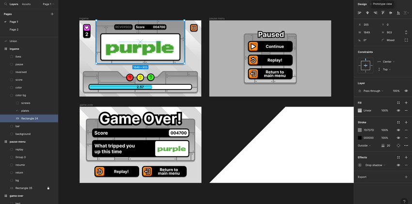 The in-game screen, pause menu, and game over screen were all made in a single Figma file.