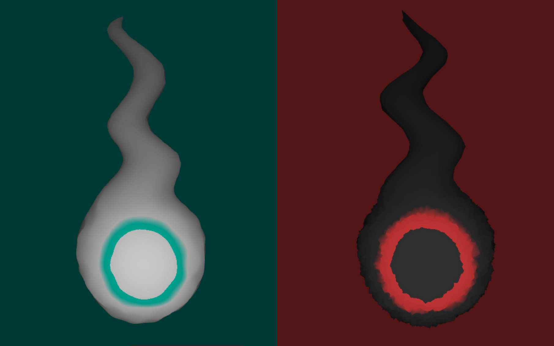 Two differently-colored fireballs with long tails are side by side.