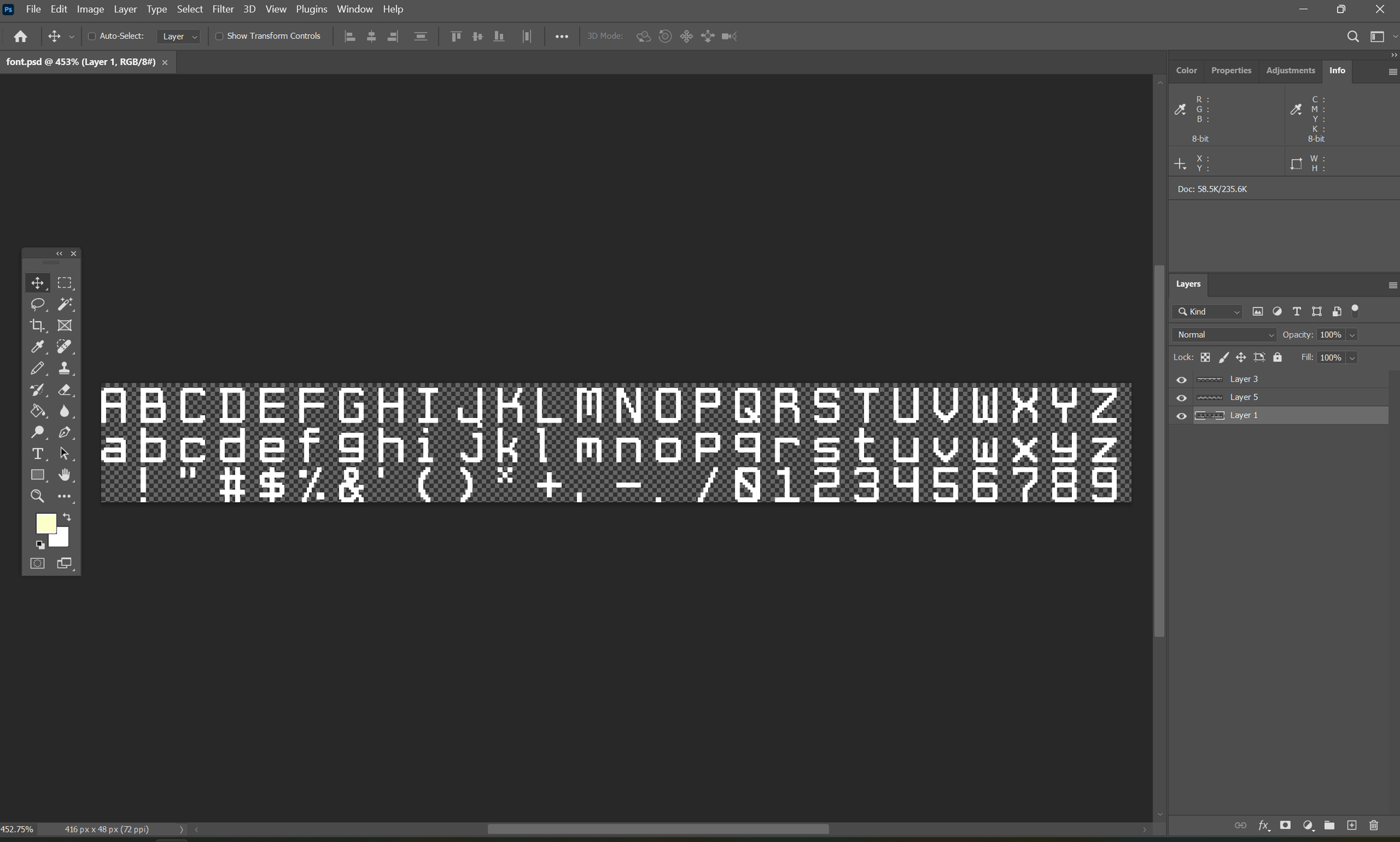 The font bitmap file is open in Photoshop.