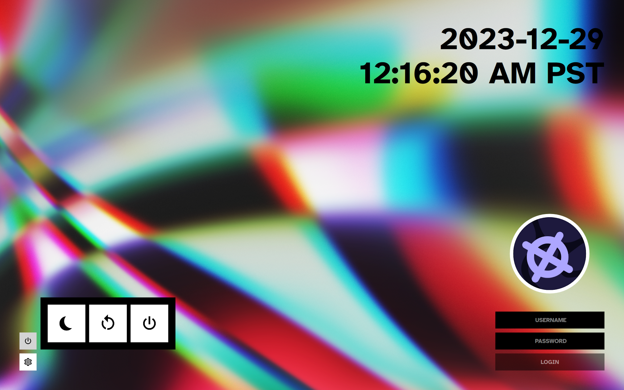 A very colorful background with black and white UI elements and squared corners.